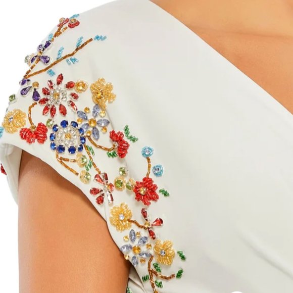 MAC DUGGAL 55709 EMBELLISHED SLEEVE JERSEY WRAP WHITE MULTI GOWN sz 6 - Picture 5 of 9